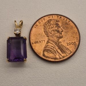 14k Amethyst Emerald Cut with Diamond Accent Pendant Charm .70g
